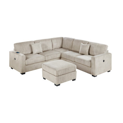 Elegant 4-Pc Sectional Set Dark Gray One Arm Loveseat Corner Wedge Armless Chair Corduroy Upholstered L-Shaped Plush Couch