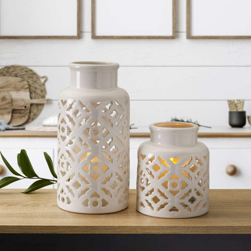 Geometric White Ceramic Vase Duo for Elegant Home Decor