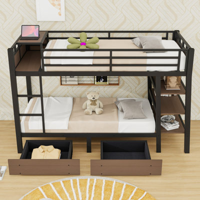 2 Drawers Metal Bunk Bed With Shelves, LED Light Strip And Charing Station