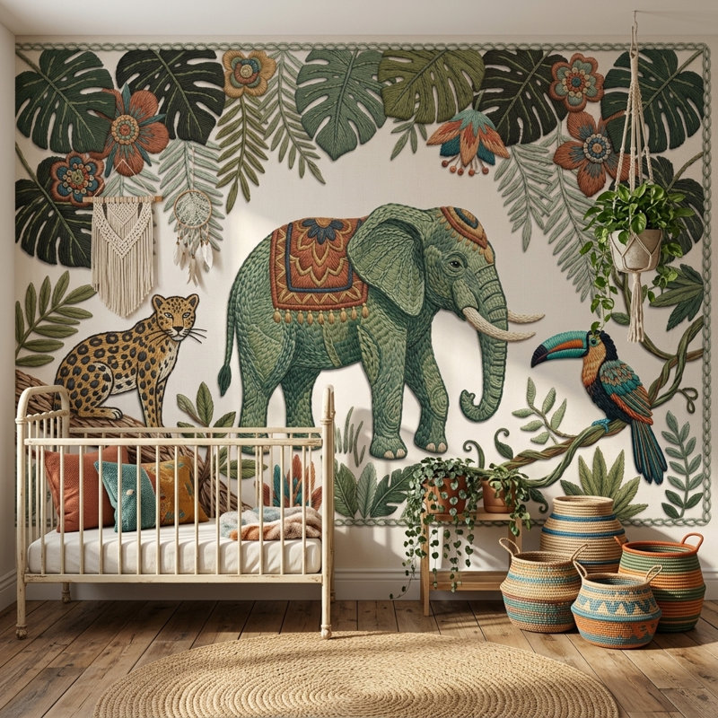 Papier peint brodé éléphant tropical amovible, Texturé non collé, 120 po x 96 po