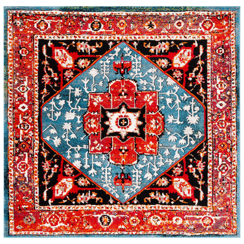 Tapis rétro rouge / bleu Hamadan 259, Carré 6 pi 7 po
