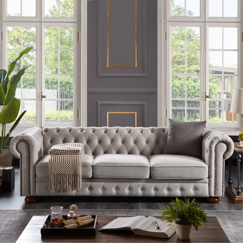 Comfortable Classic Chesterfield Sofa, Light Gray