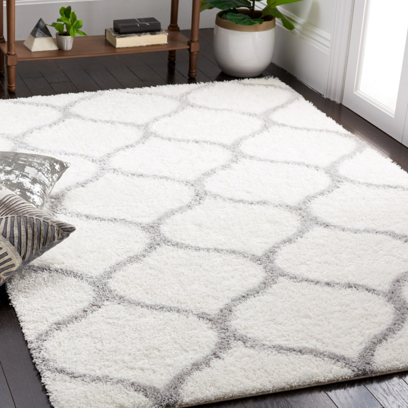 Tapis géométrique tissé à la machine blanc / gris, Rectangle 6 pi 7 po x 8 pi 7 po