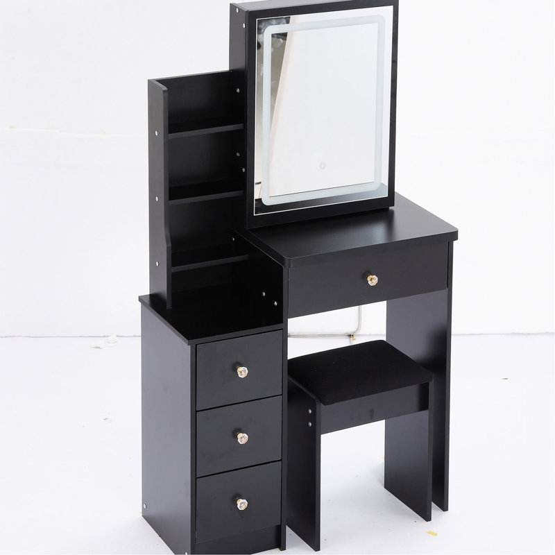 Meuble-lavabo compact avec miroir à DEL, luminosité réglable et choix de couleurs, siège rembourré, noir, pour les petites pièces