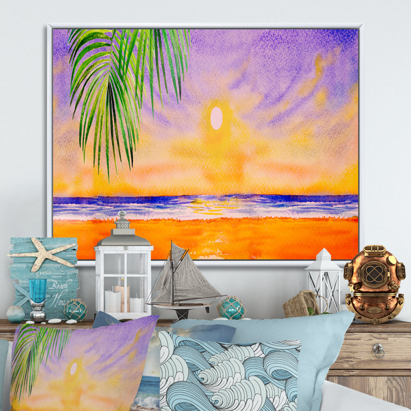 «Romantic Tropical Sunset Seascape», reproduction sur toile flottante, H 24 po x l 36 po x P 1 po, Cadre flottant blanc