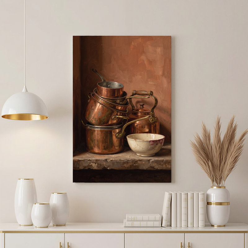 «Rustic Copper Pots and Kettle with Cracked Bowl», art mural sur toile, H 48 po x l 36 po