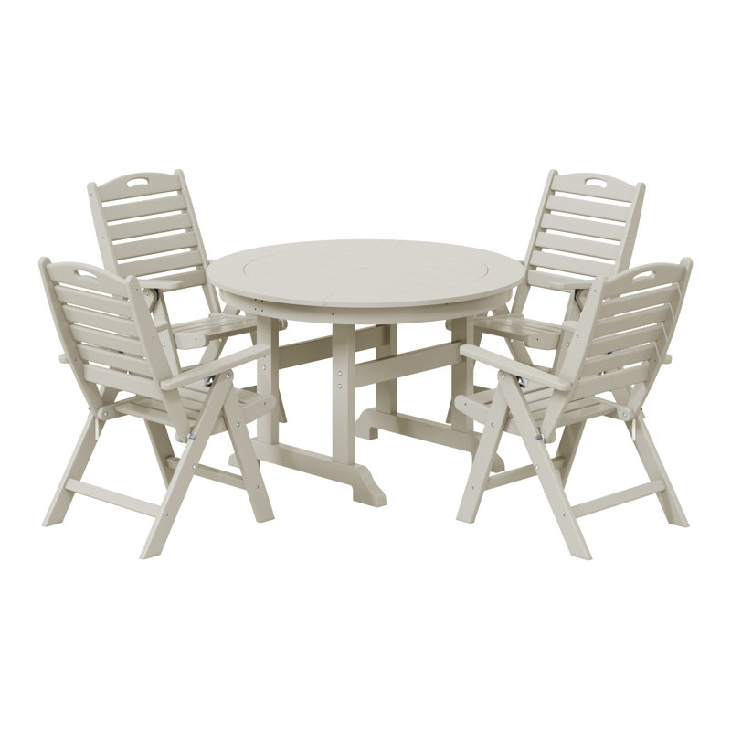 Laguna 5-Piece Round Table Folding Highback Chair Dining Set, Sand