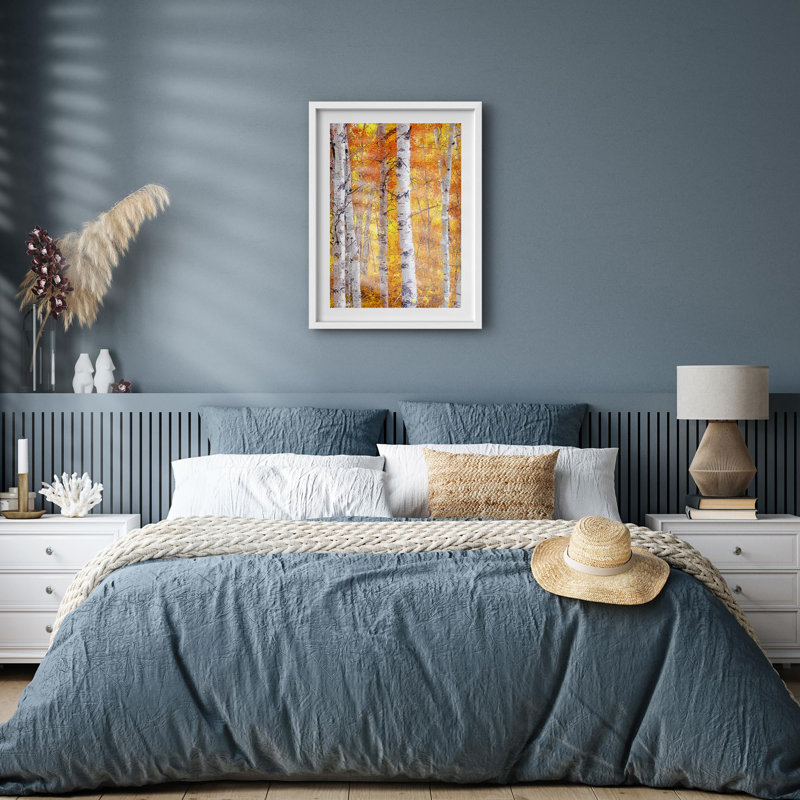 Bouleaux rayonnants, orange vif et feuilles jaunes, Nature Illustration, petit décor, œuvre d'art, Blanc, H 14 po x l 11 po