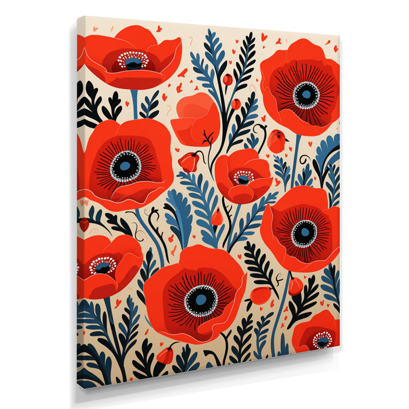 Blooming Poppies - Illustration rétro - coquelicot, H 32 po x l 16 po, Toile tendue