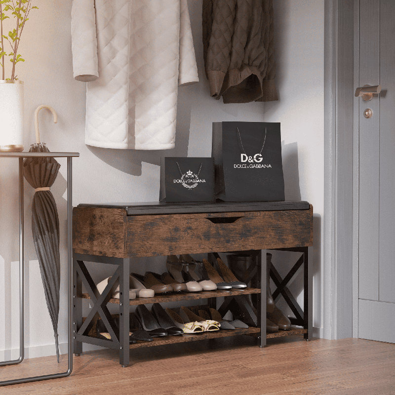 Shoe Storage Bench with Cushion, 7 Pair Entryway Shoe Bench Serkis, Rustic Brown/Black, 18.1" H x 35.4" W x 11.8" D