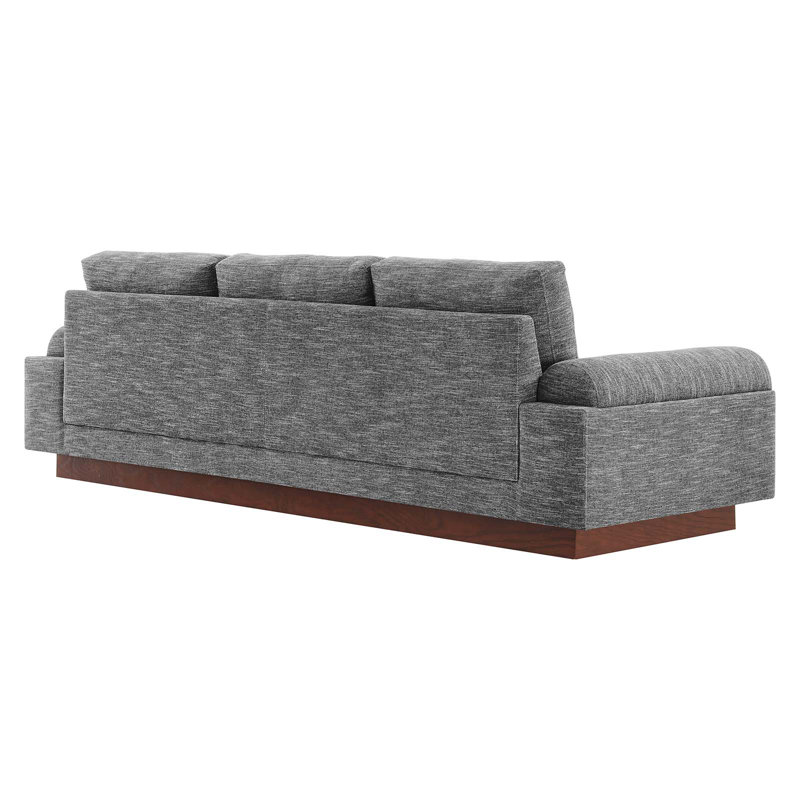 Gray Faux Leather Modern Sofa with Brown Wood Base