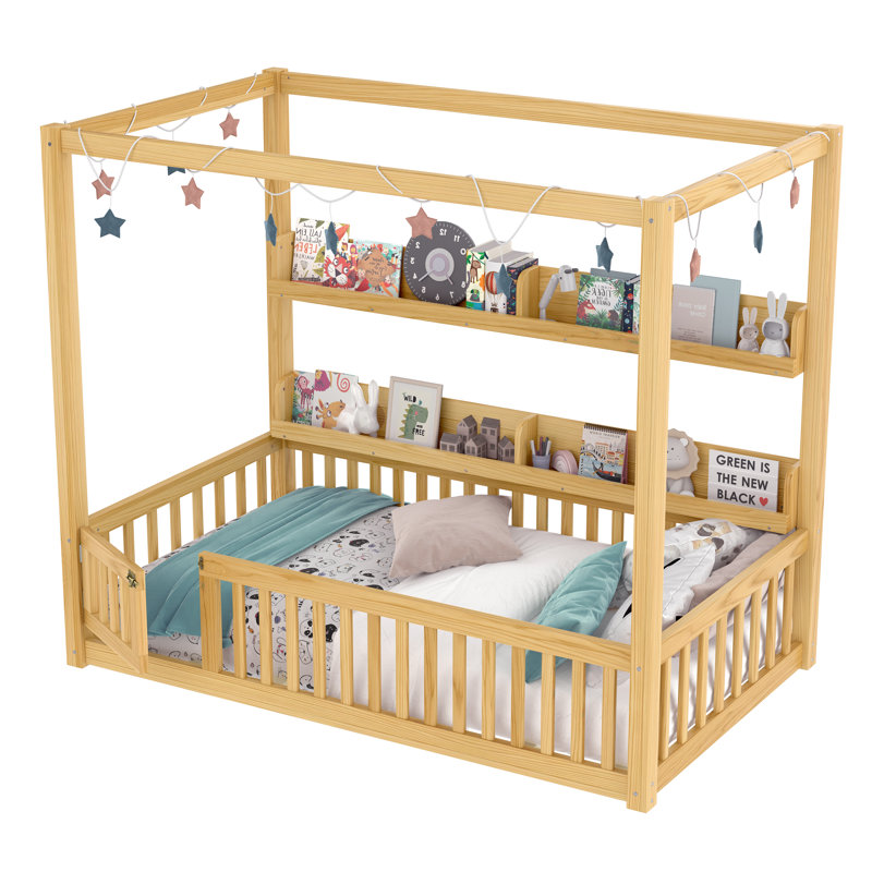Twin Size Canopy Floor Bed with Guardrails, Shelves & Montessori Design for Kids, Natural, Natural, Twin