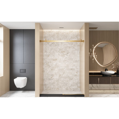 Single Sliding Shower Door With 1/4" 6 Mm  Clear Tempered Glass, Proof Film, Stainless Steel Square Tube Track, Brushed Gold Finish, Bottom Water Barrier, Smooth Sliding, - Shatter Barrier 56 60"W X