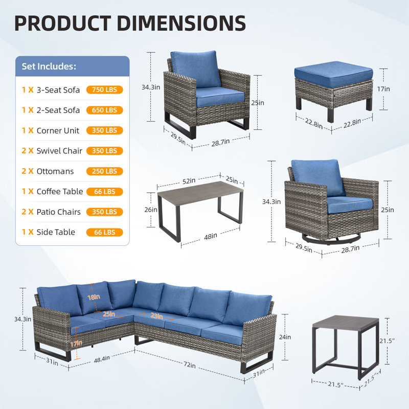 8 - Person Patio Conversation Set with Cushions, Blue