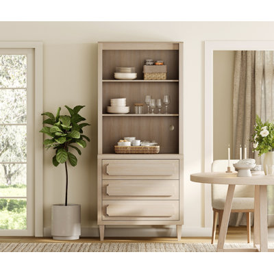 72.8" Tall Kitchen Pantry Cabinet, Wood Bookcase Display Cabinet With Embossed Drawers And Adjustable Shelf, Mid-Century Modern Versatile Cupboard For Dining Room, Bedroom