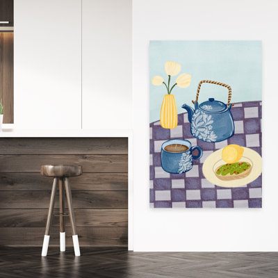 Art mural fleuri bleu, théière bleue