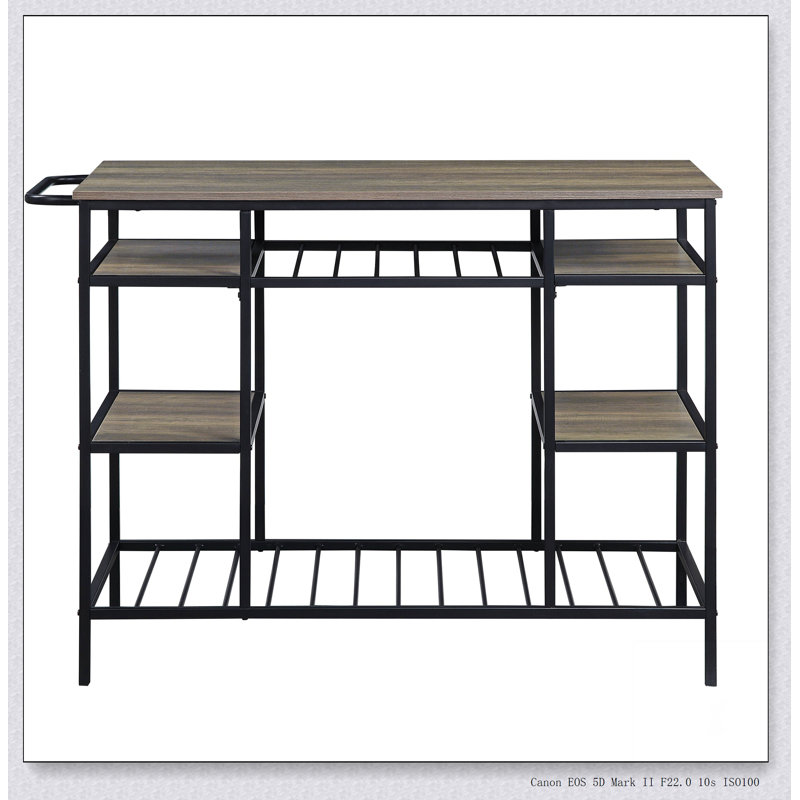 Lona Rustic Oak Finish Kitchen Island with 6 Open Compartments and Durable Metal Frame for Modern Kitchens