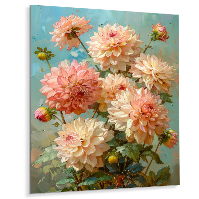 Dahlia rose rose vert été - décoration murale Dahlia, H 24 po x l 32 po, Sans cadre, métal