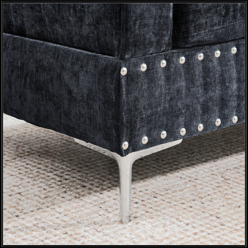 Canapé modulaire 3 places avec méridienne, repose-pieds avec rangement, pieds en métal et clous en cuivre, Marine