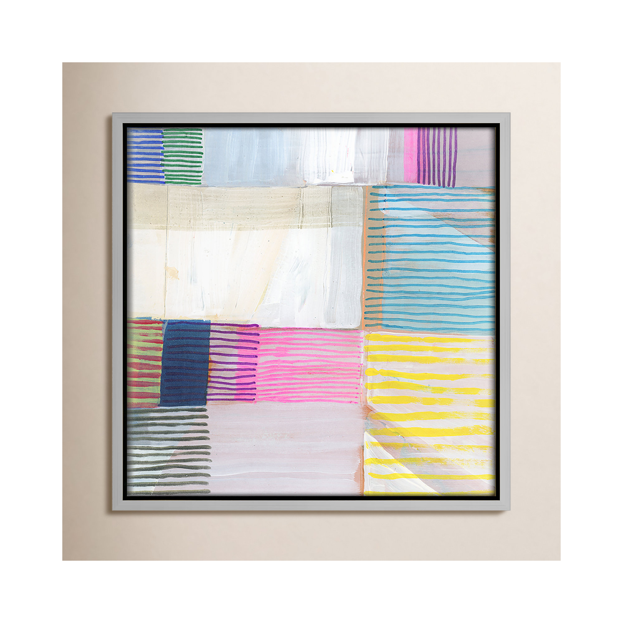 Bright Net III by Cartissi - Floater Frame Painting on Canvas, 13.5" H x 13.5" W x 2" D, Silver Framed