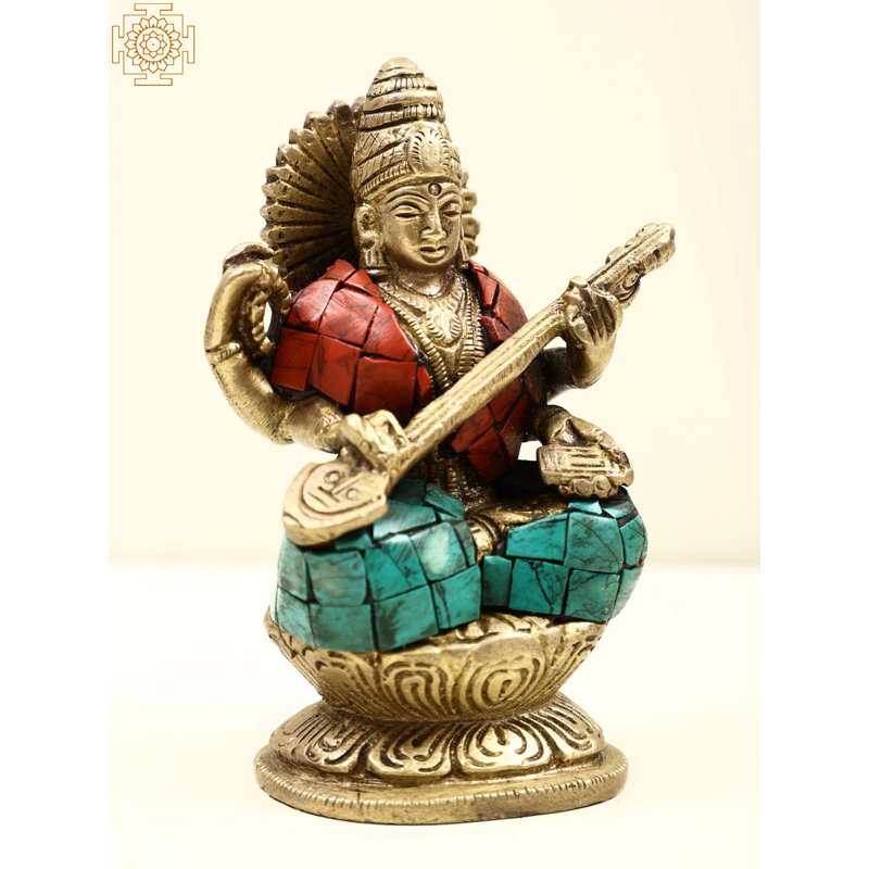 4" Brass Small Goddess Saraswati Statue with Inlay Work – Handmade Panchaloha Idol | Artistic Spiritual Home Décor