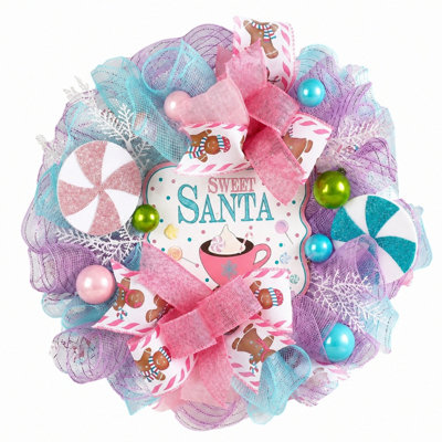 Couronne de Noël pastel 15,7 pouces avec signe «Sweet Santa», décoration de porte de Noël en bonbon et pain d'épices