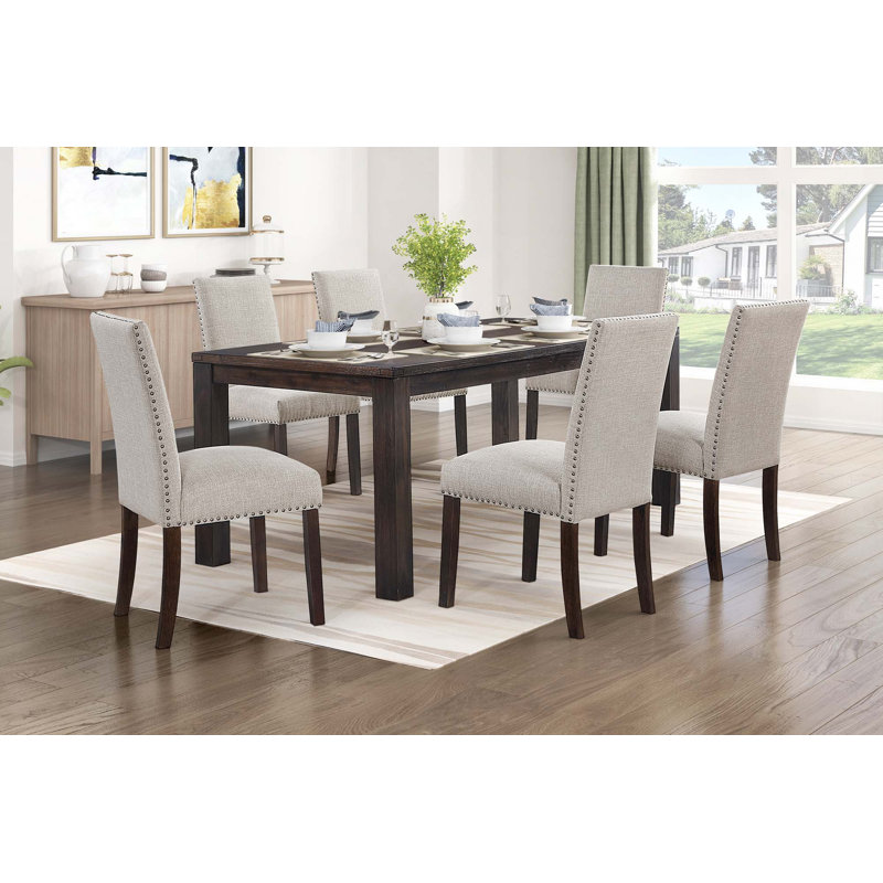 Ensemble de cuisine classique 7 pièces, table de finition brun foncé avec 6 chaises d'appoint à haut dossier rembourré, Taupe