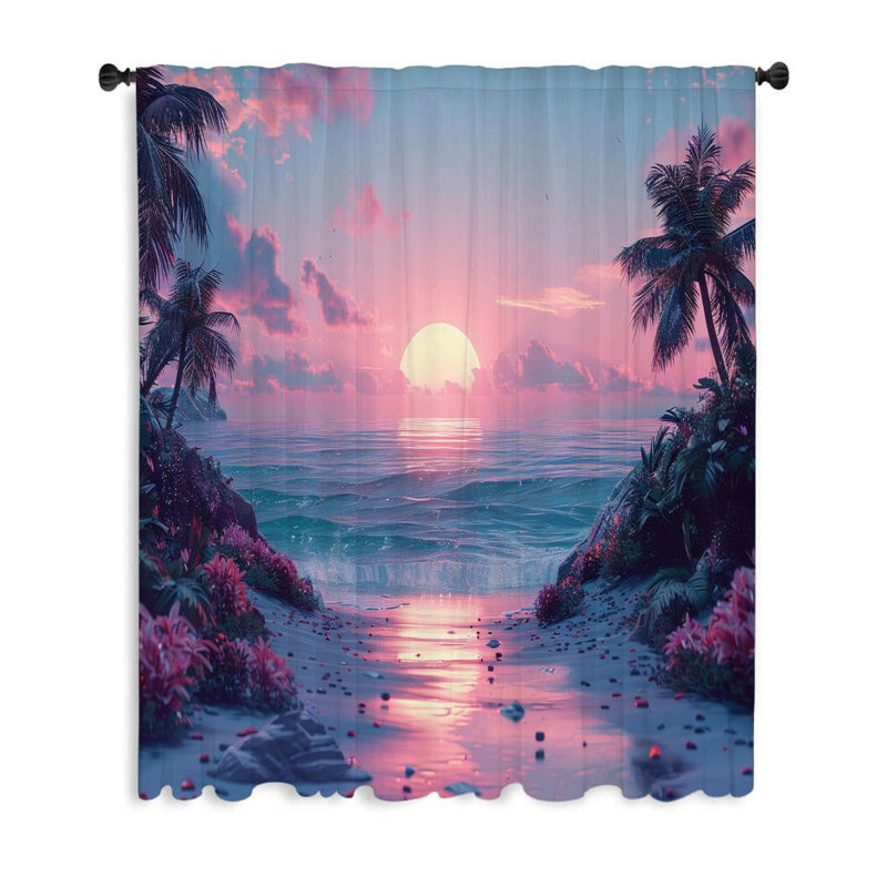 Beach Sunset Landscape Sheer Curtain Single Panel, 53" W x 87" L