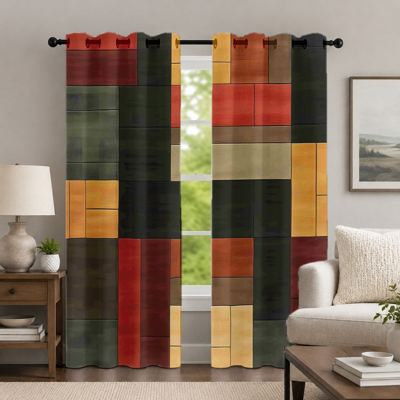 2 pièces rideaux à blocs de couleur géométrique, rideaux de fenêtre rectangulaires abstraits à motifs modernes, panneaux à œillets multicolores, traitement de fenêtre pour la décoration de salon de chambre à coucher
