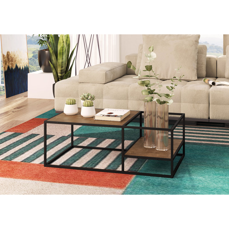 Table basse 23,6 pouces rectangulaire pour salon de style contemporain et plateau lisse brun