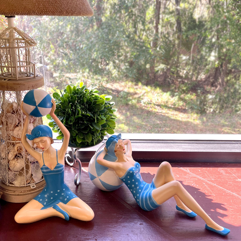 Ensemble de 2 figurines de pin-up côtières vintage en résine, de couleur bleu Égée, 30 cm de large