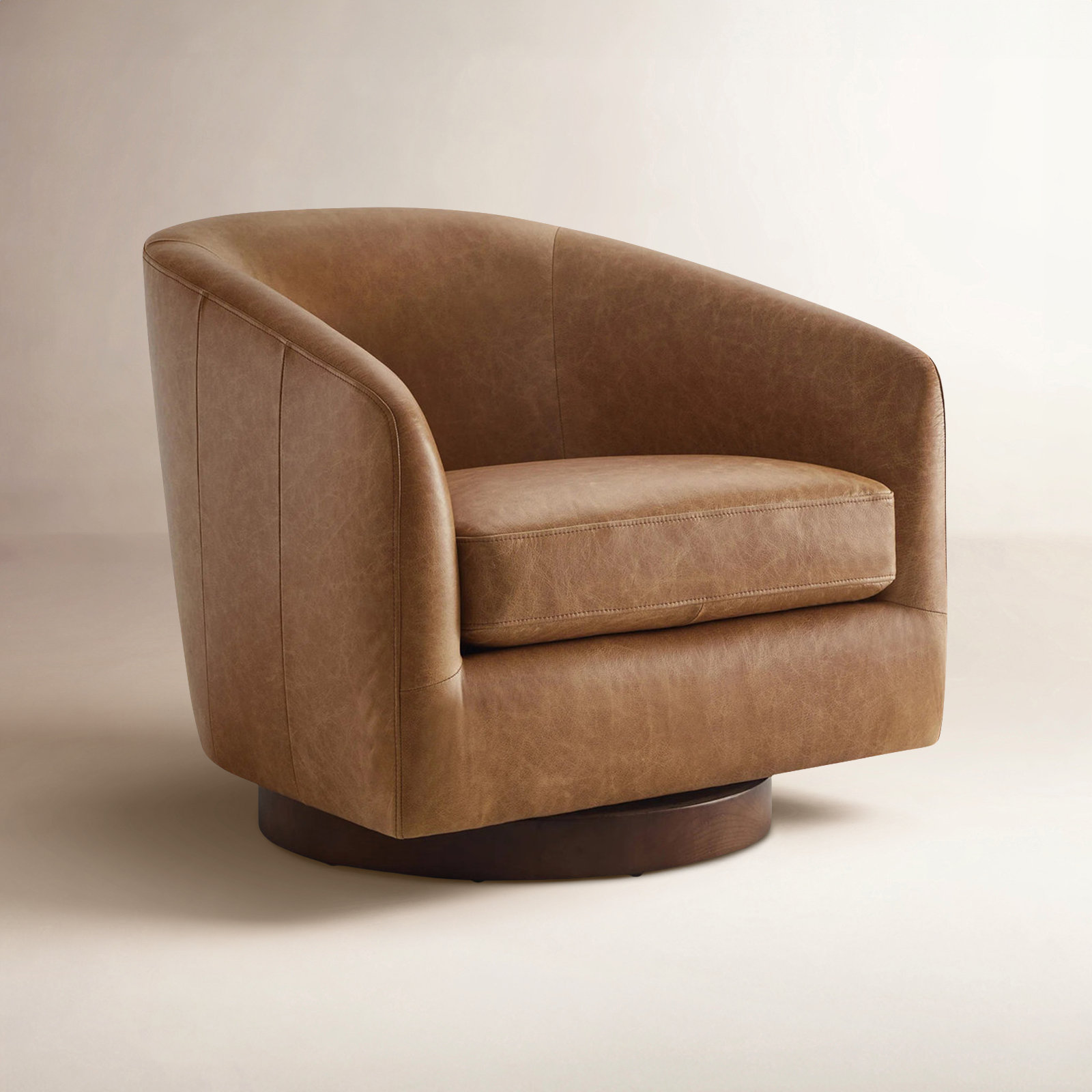 Bennett Genuine Leather Swivel Barrel Chair, Marseille Brown Genuine Leather