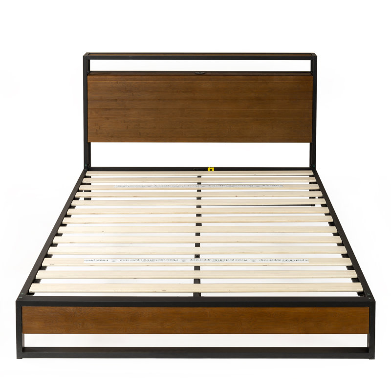 Cara Platform Bed Frame with Wood Slatted Headboard and USB Charge, Kingsize (5')