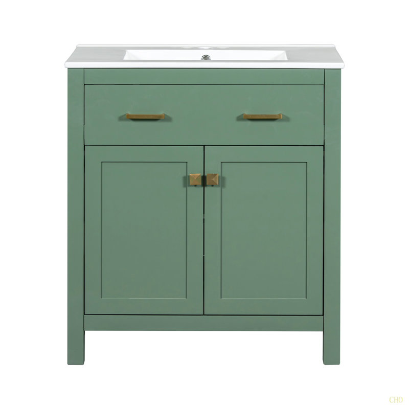 Meuble-lavabo de 30 pouces avec lavabo en céramique, armoire de salle de bain simple moderne avec 2 portes et une tablette, portes à fermeture douce