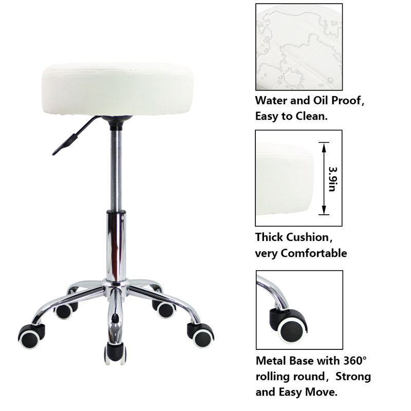 Round Adjustable Height Swivel Stool with Wheels for Office Work, White