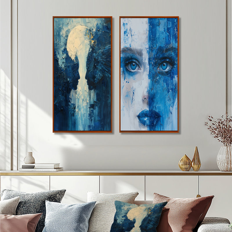 Ensemble de 2 pièces d'art mural blanc et bleu astrologie, H 32 po x l 32 po, Cadre flottant brun