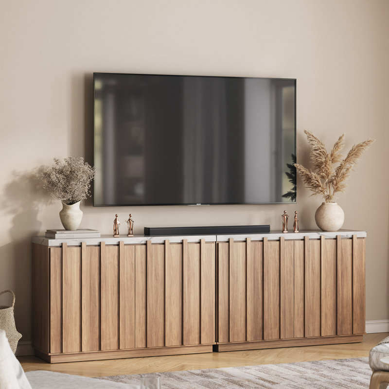 Set of 2 Modern Buffet Sideboard with Faux Marble Top, Camel