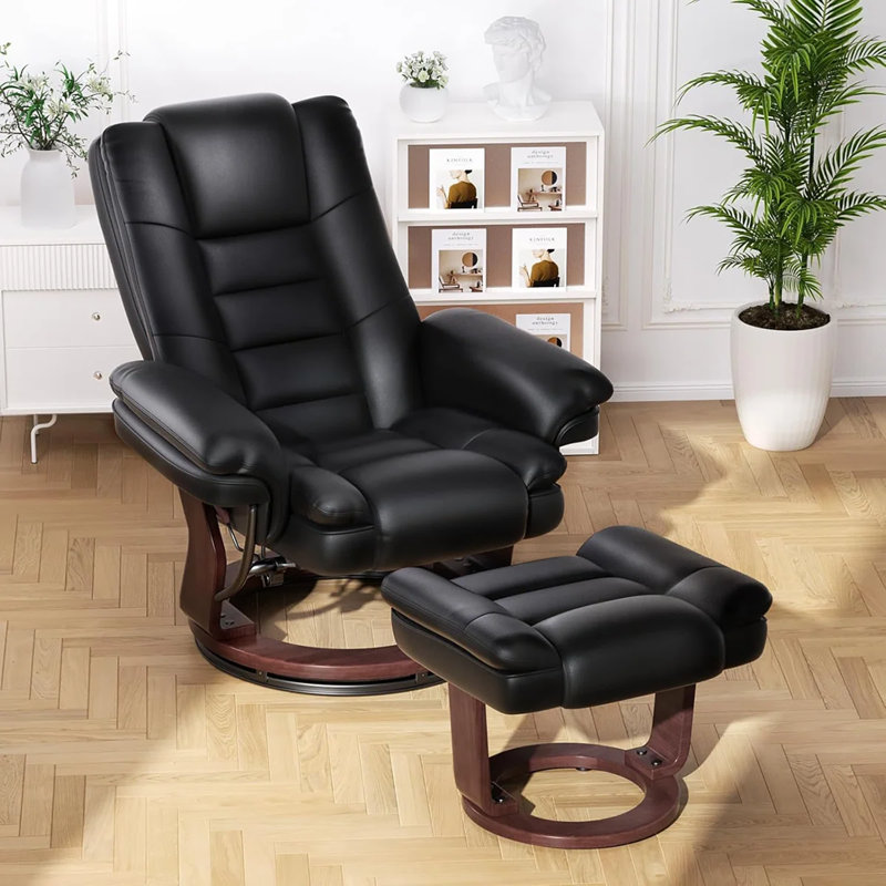 Fauteuil inclinable pivotant avec repose-pieds, inclinable réglable en cuir de polyuréthane avec base en bois, coussin rembourré épais, ensemble de fauteuil inclinable moderne et repose-pieds pour salon, chambre à coucher, bureau, petits espaces