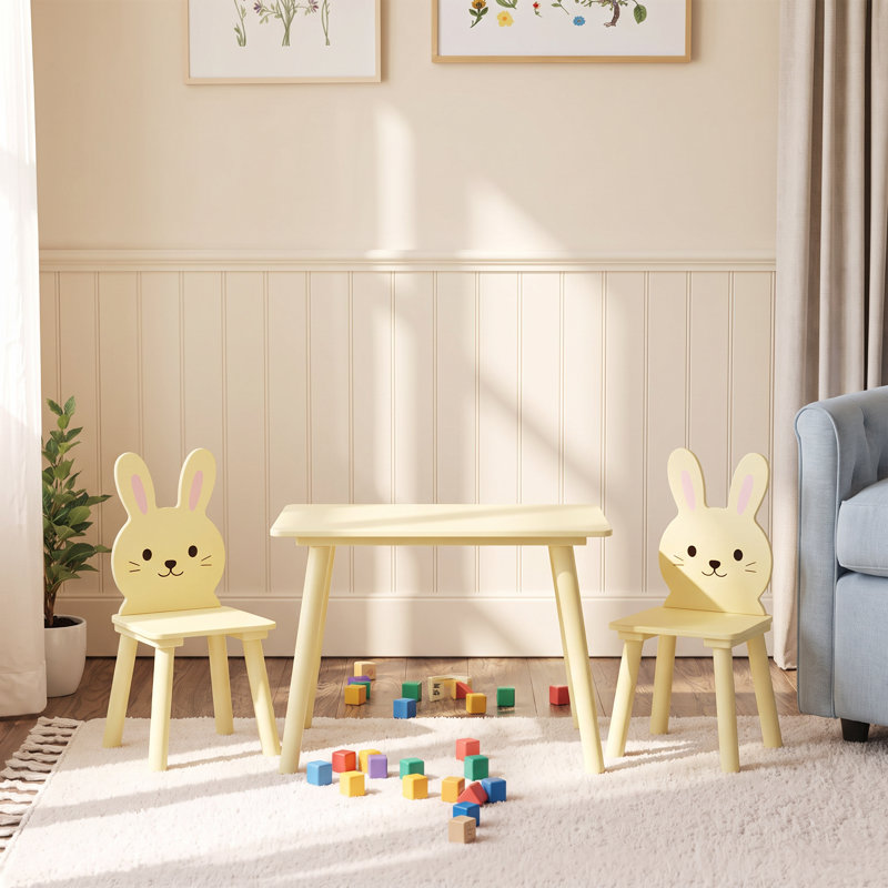 Ensemble de table et 2 chaises pour enfants, table et chaises avec dossier lapin, table d'activités en bois pour les activités artistiques, le bricolage, la lecture et le goûter, jaune pour les enfants de 2 à 6 ans