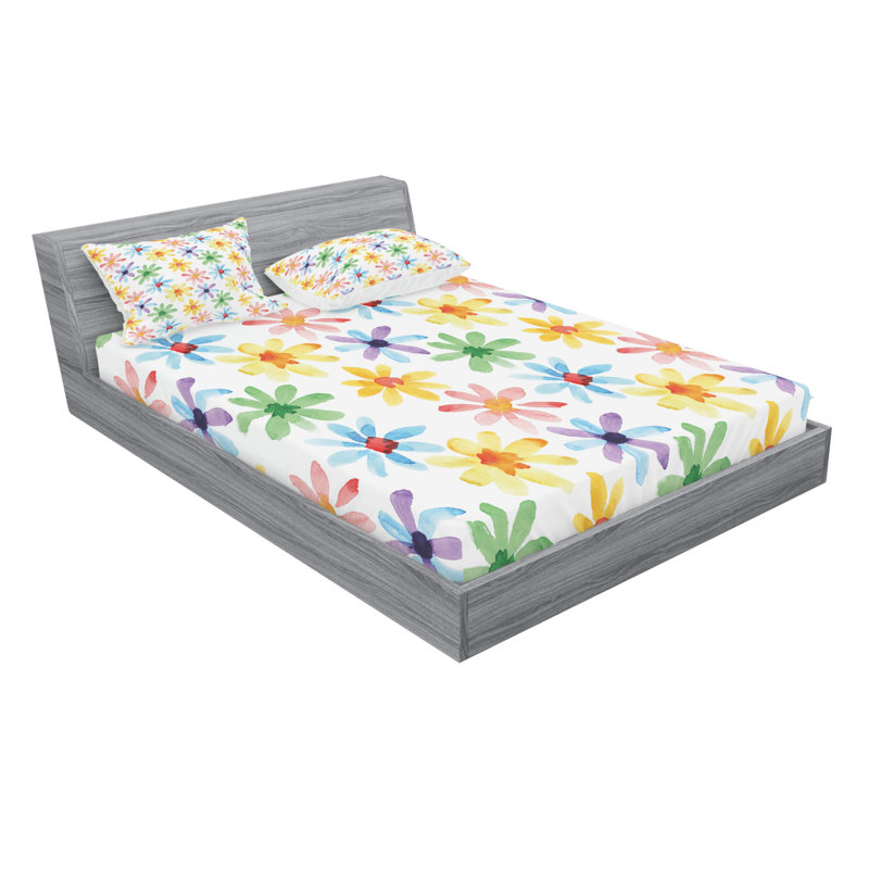 Microfiber Floral Sheet Set, Full/Double Sheet Set with Fitted Sheet, Graphic Tile With Clouds Floral