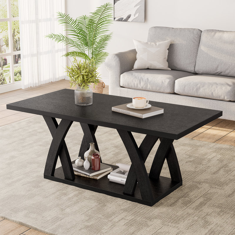 47.24" 2-tier Coffee Table with Storage for Living Room, Black