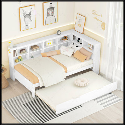 Wooden Daybed With Twin Size Trundle Bed And Shelves,USB Port