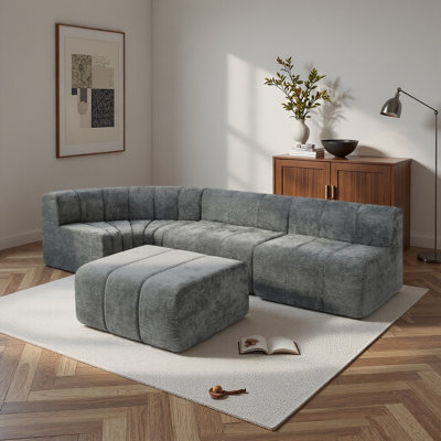 Canapé modulaire semi-incurvé modulaire avec repose-pieds mobile, revêtement en chenille à couture verticale et conception à bords arrondis - Canapé en L flexible pour salon, appartement et salon