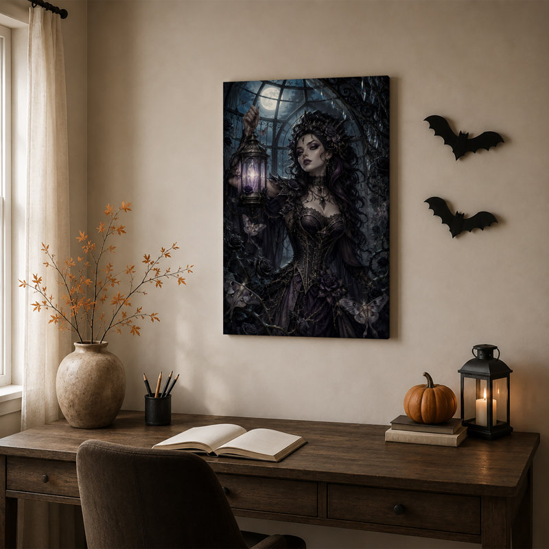 Impression sur toile, "Mauve gothique" avec lanterne et papillons de nuit, H 24 po x l 16 po