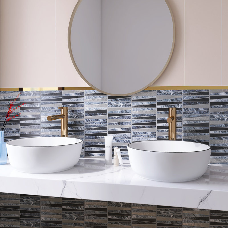 Ruzzle 11.75'' X 11.75'' Natural Stone/Glass Herringbone Mosaic Wall Tile, Gray/Silver