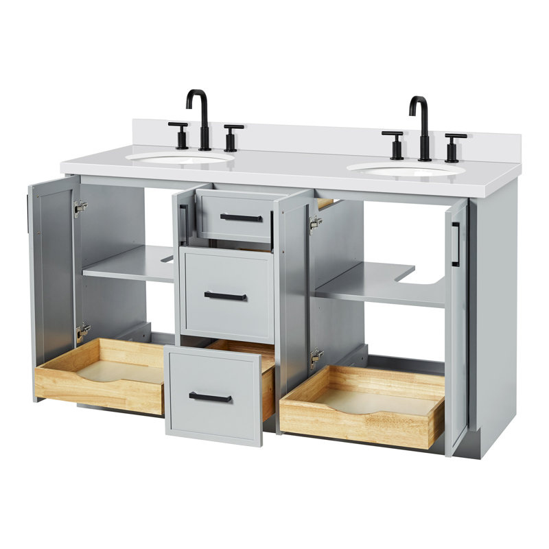 Meuble-lavabo ovale double 61 po avec comptoir en quartz pur Ariel Kellie, Gris