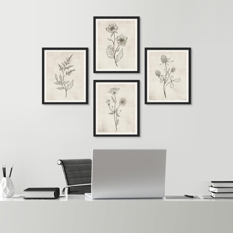 Fleurs abstraites botaniques encadrées sur papier, impression de 4 pièces, H 14 po x l 11 po, Noir