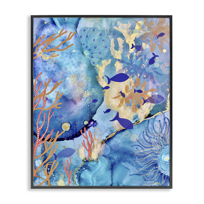 Giclée encadrée Coral & Sea Life, conception par Amy Tieman, H 20 po x l 16 po, Giclée encadrée noir minuit