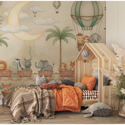 Safari Animals Train Nursery Wall Mural | Kids Hot Air Balloon Peel and Stick Wallpaper | Removable Wall Décor