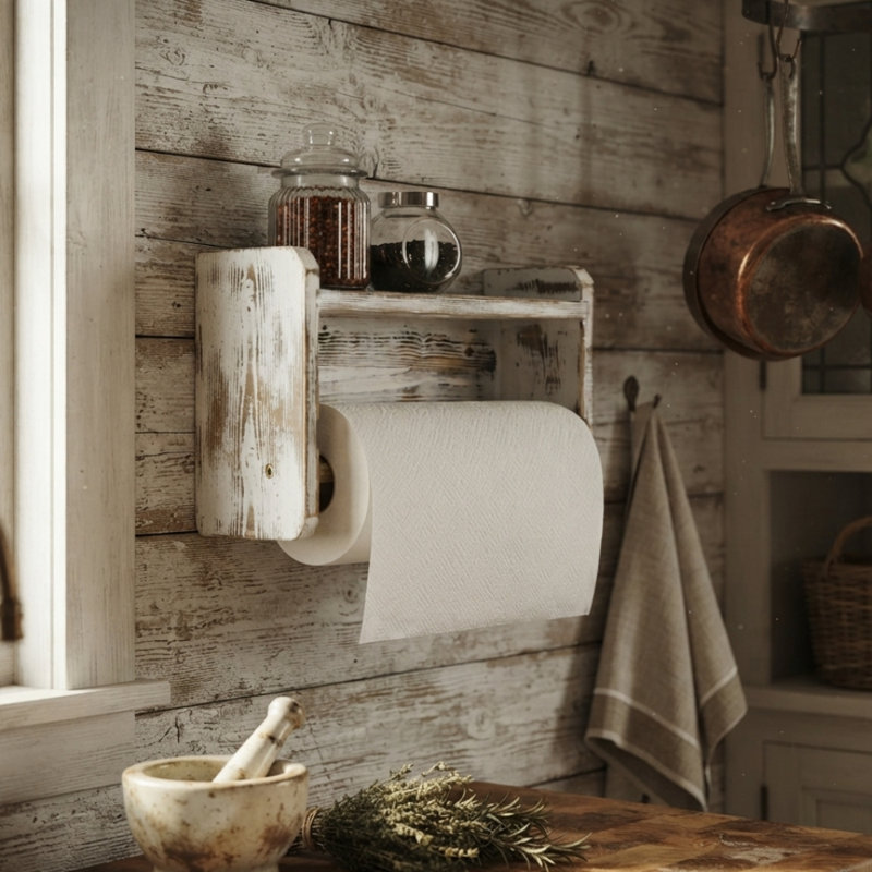 Whitewashed Wood Paper Towel Holder Rack with Top Storage Shelf, Wall Mounted Kitchen Organizer